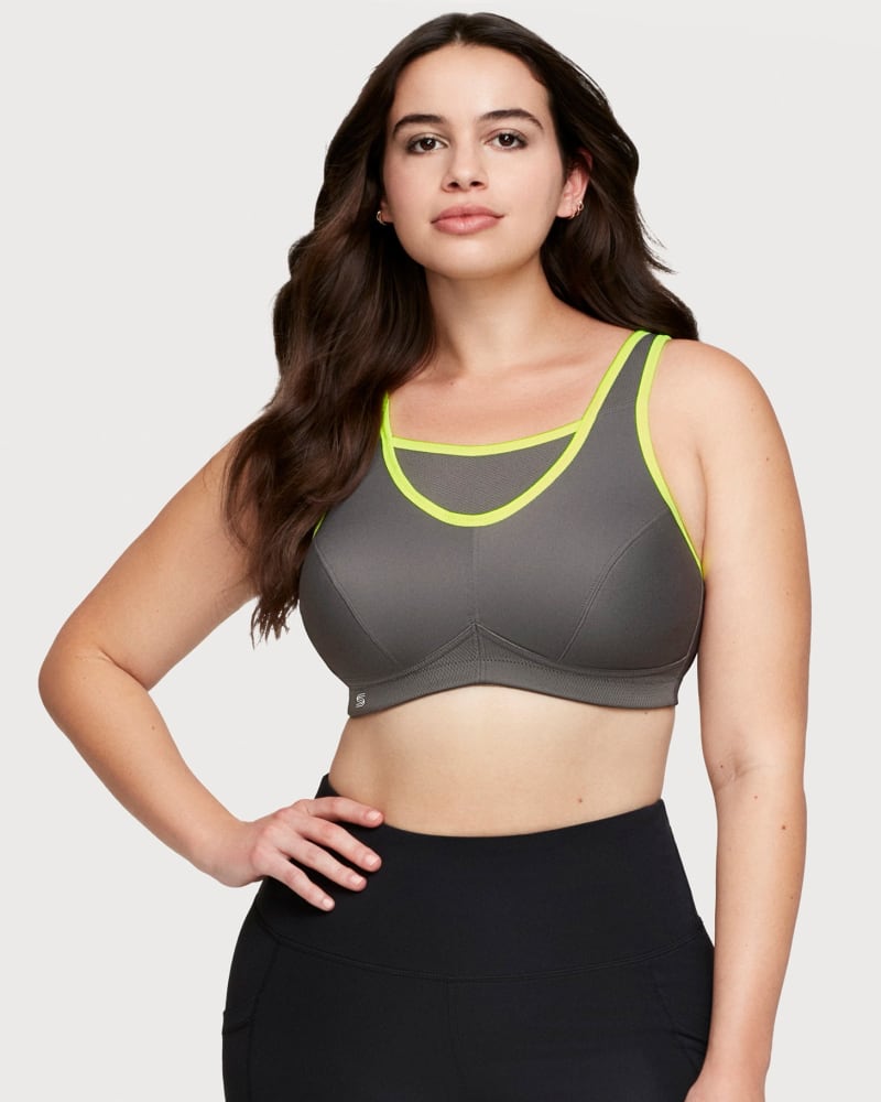 Front of a model wearing a size 38I No-Bounce Camisole Sports Bra in Gray/Yellow by Glamorise Sport. | dia_product_style_image_id:263137